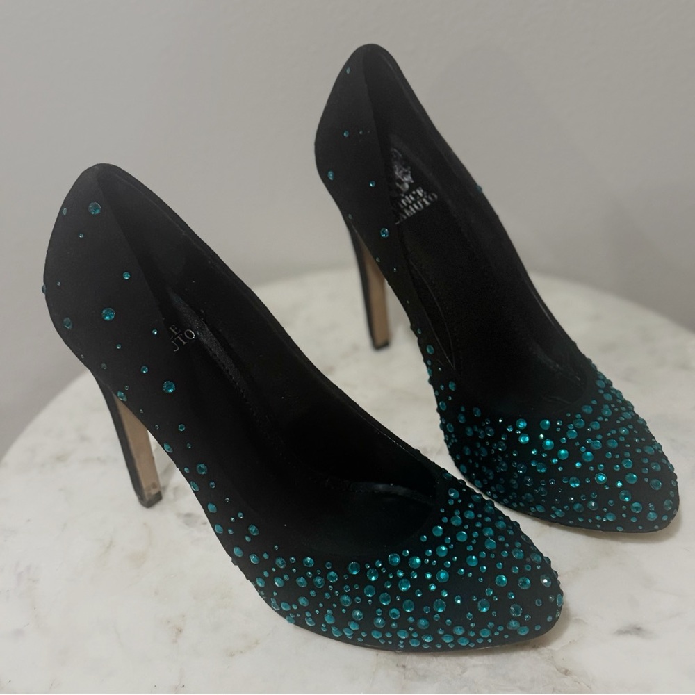 Vince Camuto Crane Black Aqua Rhinestone Studded Suede Stiletto Heels Size 10